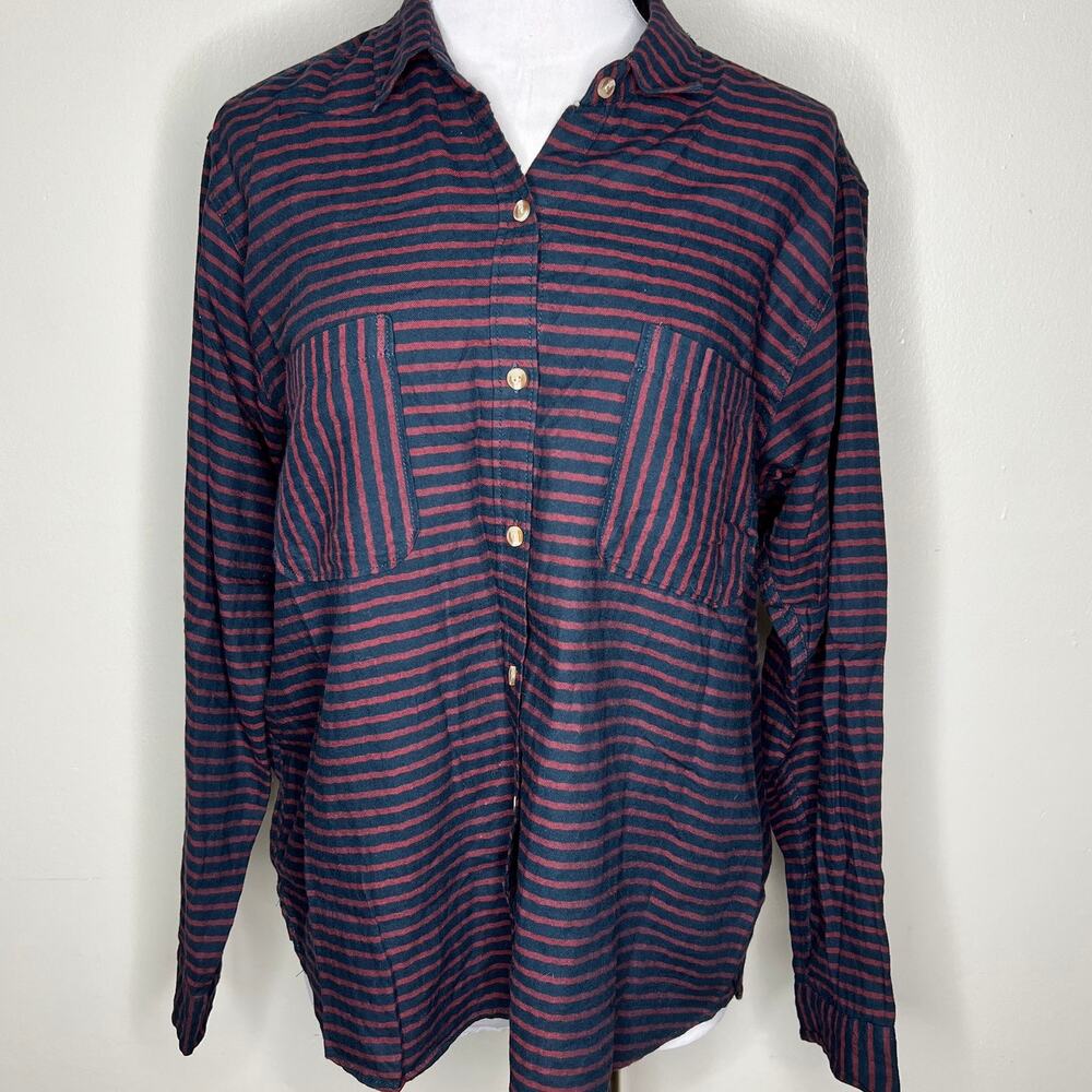Abercrombie & Fitch Boyfriend Shirt Large Womens Striped Button Up Relaxed Navy